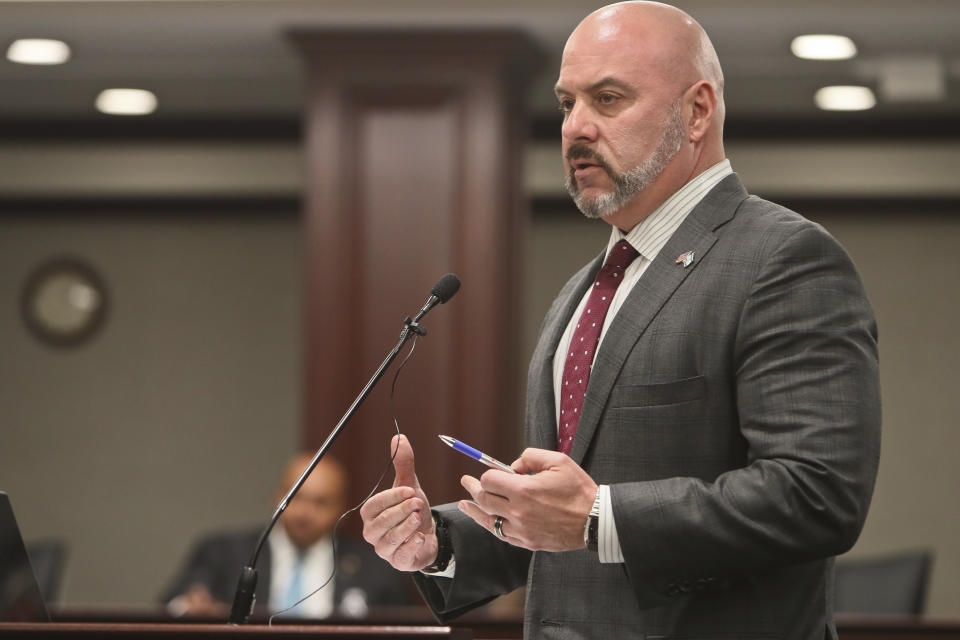 Sen. Blaise Ingoglia, R-Spring Hill discusses his Senate Bill 6B: Transportation of Inspected Unauthorized Aliens in the Fiscal Policy Committee meeting Tuesday, Feb. 7, 2023 at the Capitol in Tallahassee, Fla. Florida legislators are meeting in a two-week special session to take up a list of issues proposed by Gov. Ron DeSantis. (AP Photo/Phil Sears)