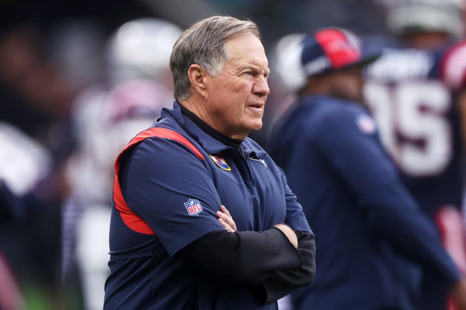 Bill Belichick looks on during the NFL match between Indianapolis Colts and New England Patriots at Deutsche Bank Park on November 12, 2023 in Frankfurt am Main, Germany.