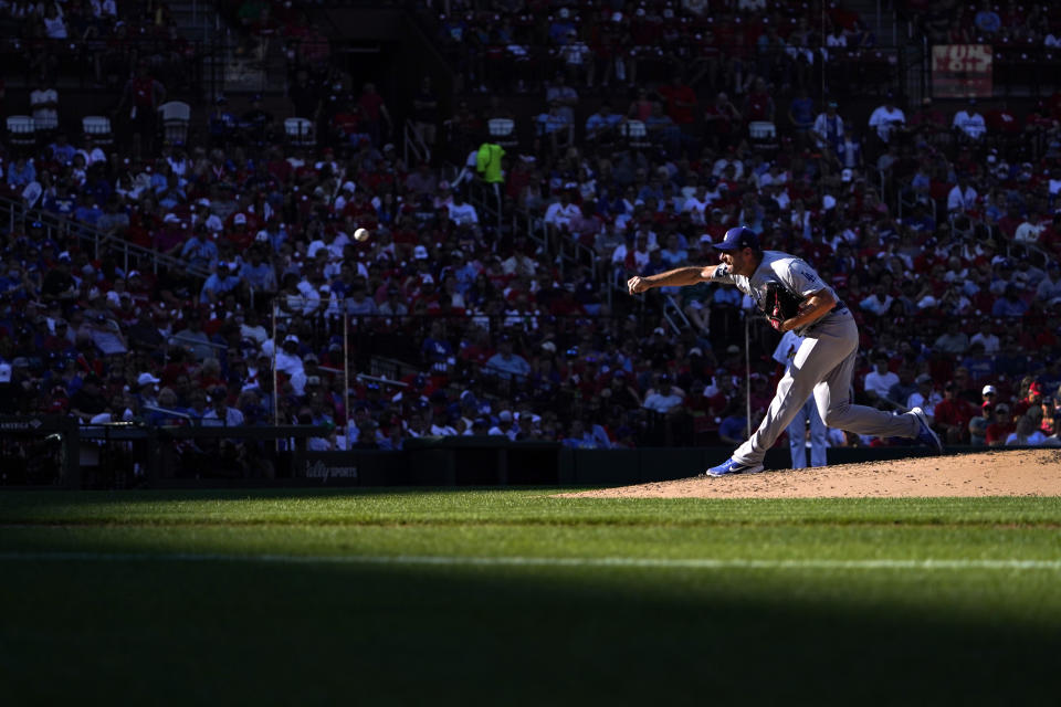 Los Angeles Dodgers starting pitcher Max Scherzer throws during the fifth inning of a baseball game against the St. Louis Cardinals Monday, Sept. 6, 2021, in St. Louis. (AP Photo/Jeff Roberson)