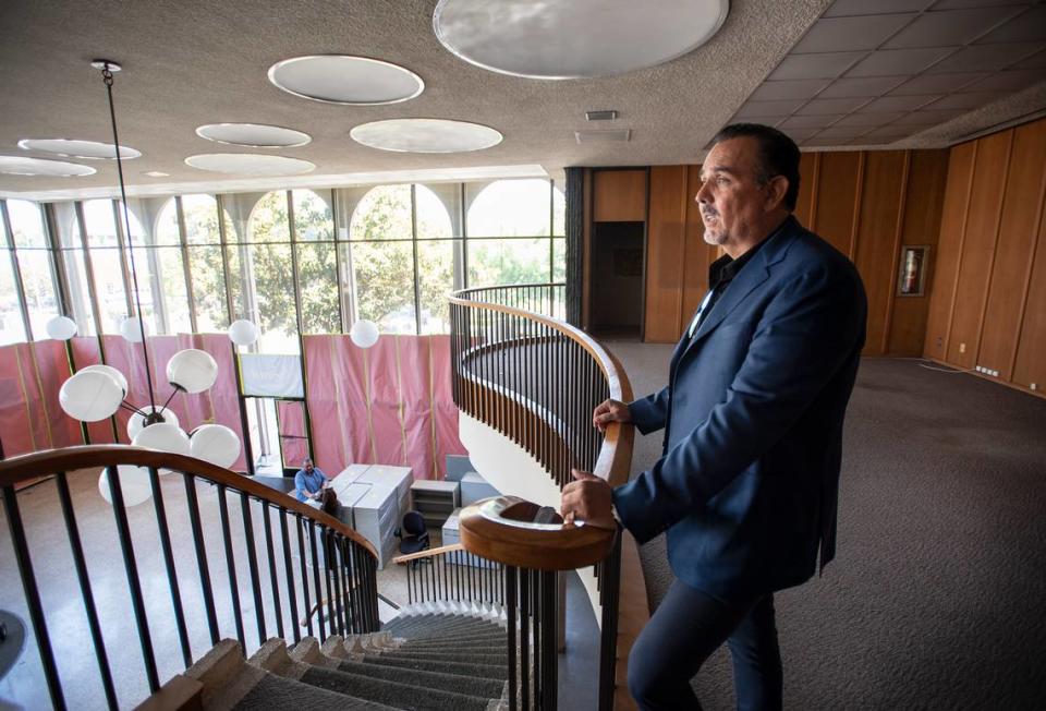 Owner Jaime Jimenez looks out over the former bank he planned to turn into a steakhouse in Modesto, California, in May 2019. The Stanislaus Council of Governments canceled a planned purchase on April 25, 2024.