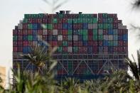 Stranded container ship Ever Given, one of the world's largest container ships, is seen after it ran aground, in Suez Canal