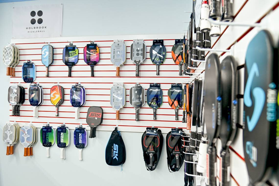 Selection of paddles for sale at Pickleball Sports at 4446 Forsyth Road in Macon. Jason Vorhees/The Telegraph