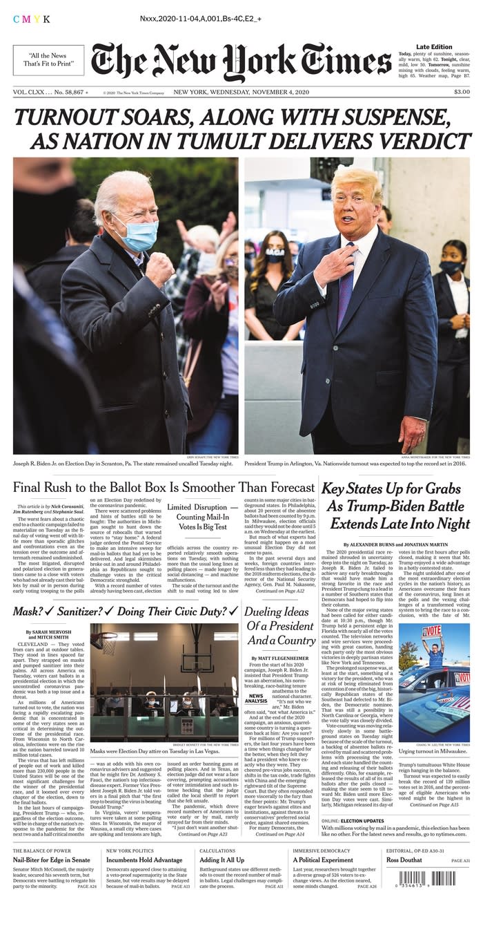 THE NEW YORK TIMES, Published in New York, N.Y. USA (Courtesy <a href="https://www.newseum.org/todaysfrontpages/" rel="nofollow noopener" target="_blank" data-ylk="slk:Newseum;elm:context_link;itc:0;sec:content-canvas" class="link ">Newseum</a>)