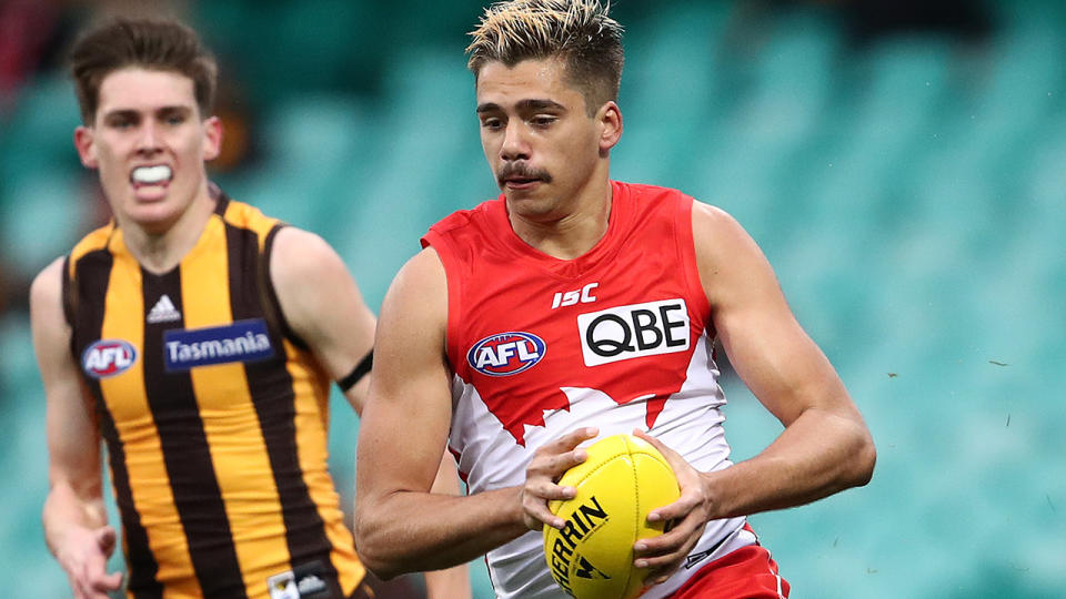 Elijah Taylor, pictured here in action for the Sydney Swans against Hawthorn.