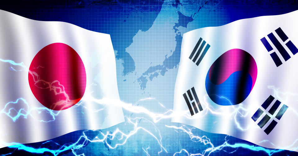 Political confrontation between Japan and South korea  /  web banner background illustration