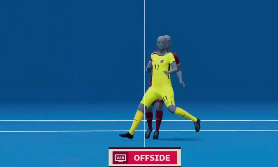 <span>Semi-automated offside in use during <a class="link " href="https://sports.yahoo.com/soccer/teams/ecuador/" data-i13n="sec:content-canvas;subsec:anchor_text;elm:context_link" data-ylk="slk:Ecuador;sec:content-canvas;subsec:anchor_text;elm:context_link;itc:0">Ecuador</a>’s game against <a class="link " href="https://sports.yahoo.com/soccer/teams/qatar/" data-i13n="sec:content-canvas;subsec:anchor_text;elm:context_link" data-ylk="slk:Qatar;sec:content-canvas;subsec:anchor_text;elm:context_link;itc:0">Qatar</a> at the 2022 World Cup.</span><span>Photograph: Fifa</span>