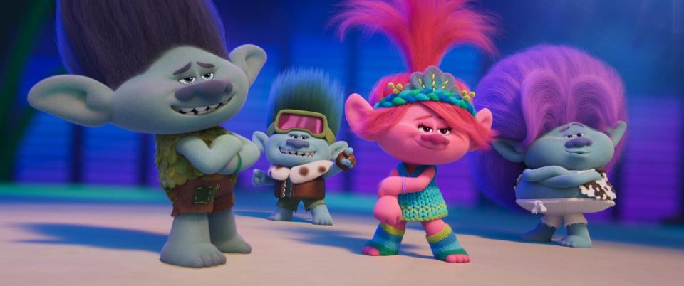 Alongside his pink-loving pal Poppy (voiced by Anna Kendrick, center), Branch (Justin Timberlake) reunites with musical bros John Dory (Eric Andre) and Spruce (Daveed Diggs) in 