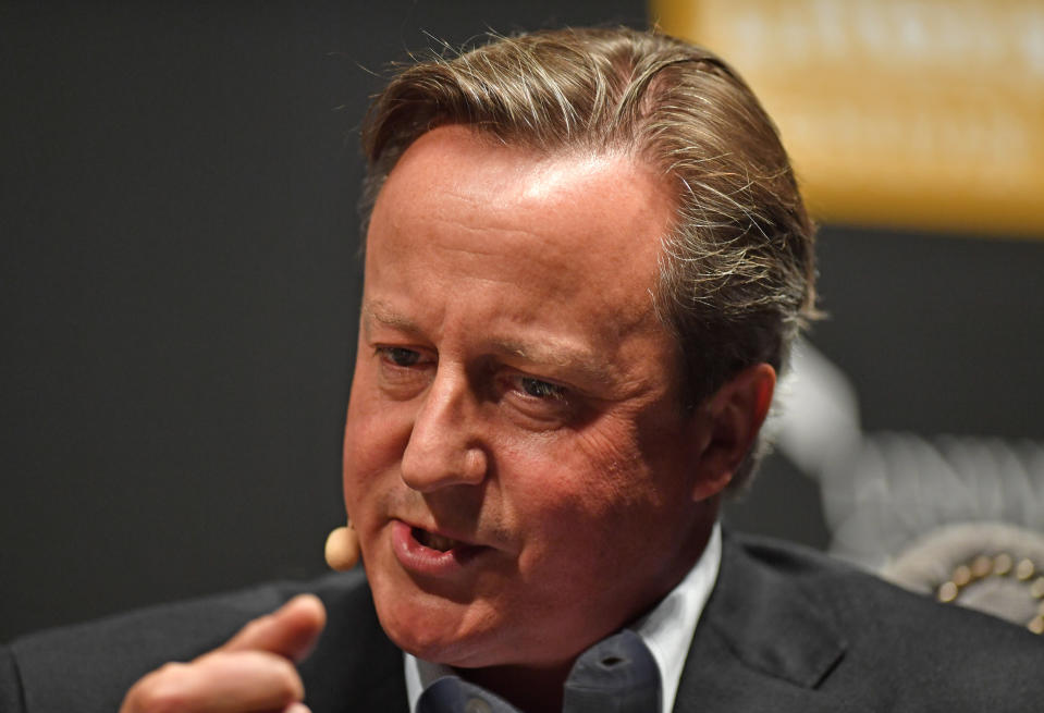 David Cameron speaking during the Cheltenham Literature Festival at Cheltenham Racecourse.