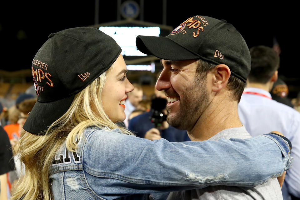 Upton and Verlander celebrate after the Astros defeated the Dodgers 5-1 in game seven of the 2017 World Series.&nbsp;