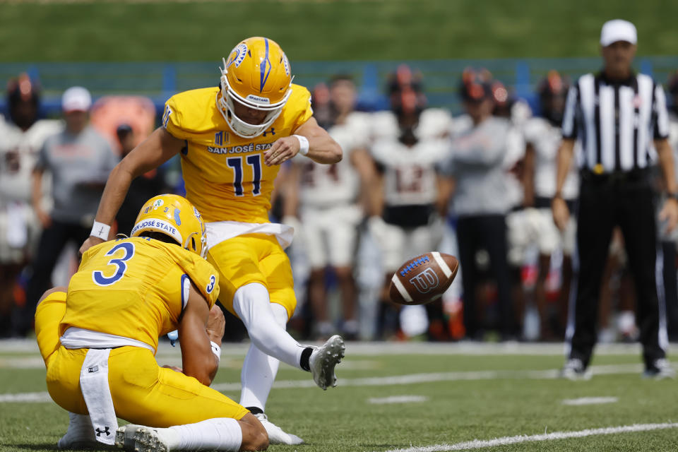 San Jose State place kicker Kyler Halvorsen (11) makes a 40-yard field goal in the first half of an NCAA college football game against Oregon State in San Jose, Calif., Sunday, Sept. 3, 2023. (AP Photo/Josie Lepe)