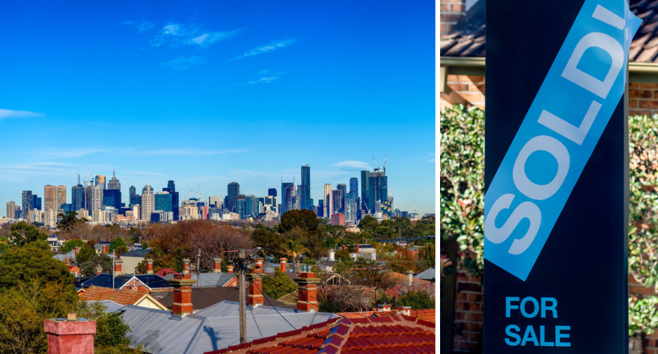 Composite image of Melbourne skyline and property sold sign.