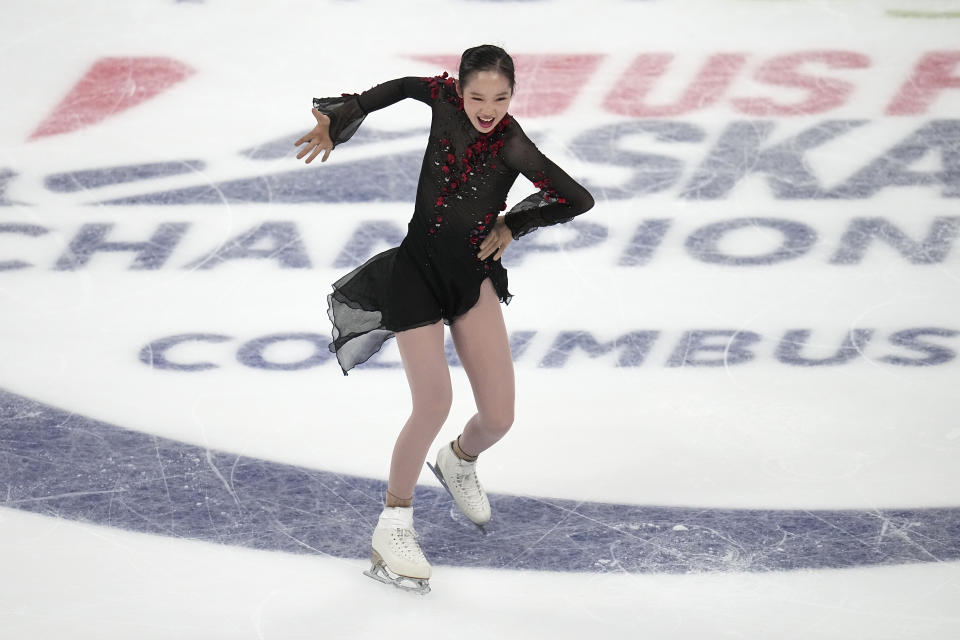 Josephine Lee competes during the women's free skate at the U.S. figure skating championships Friday, Jan. 26, 2024, in Columbus, Ohio. (AP Photo/Sue Ogrocki)