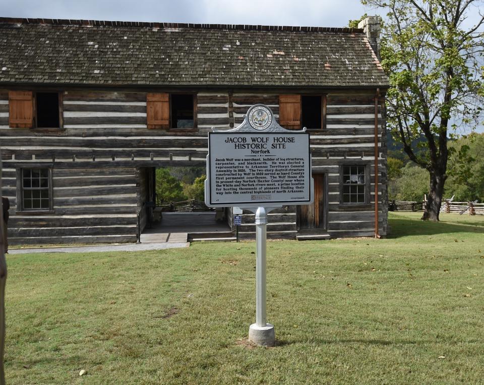 The Jacob Wolf House now displays a historical marker explaining the building's history to visitors. The former courthouse is the oldest public structure in Arkansas.