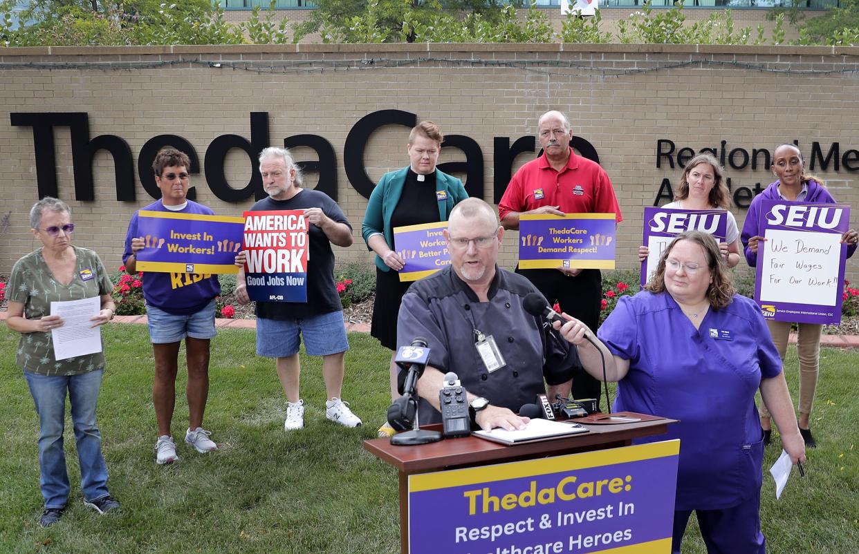 Thedacare cook Mark Heinrich talks about job conditions and his personal workload as hospital workers at ThedaCare in Appleton speak about wages, call for better jobs and increased staffing during a press conference Tuesday, August 29, 2023, at ThedaCare Regional Medical Center Appleton in Appleton, Wis.