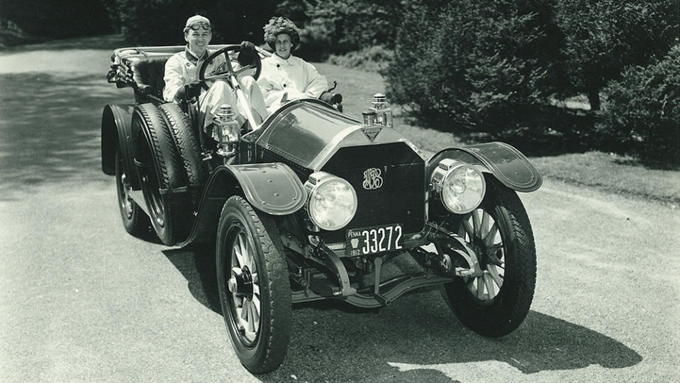 A photo of William P. Snyder III and Mrs. Snyder in the family's Simplex used in a 1953 advertisement for Gulfpride H.D. motor oil.