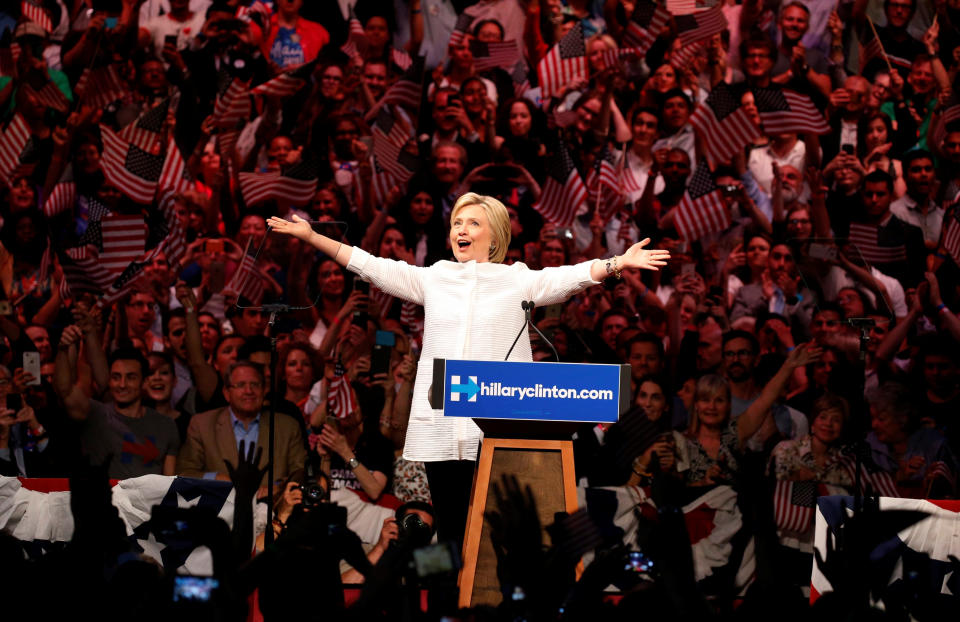 Democratic U.S. presidential candidate Hillary Clinton arrives to speak during her California primary night rally held in the Brooklyn borough of New York, U.S., June 7, 2016.  REUTERS/Lucas Jackson   TPX IMAGES OF THE DAY