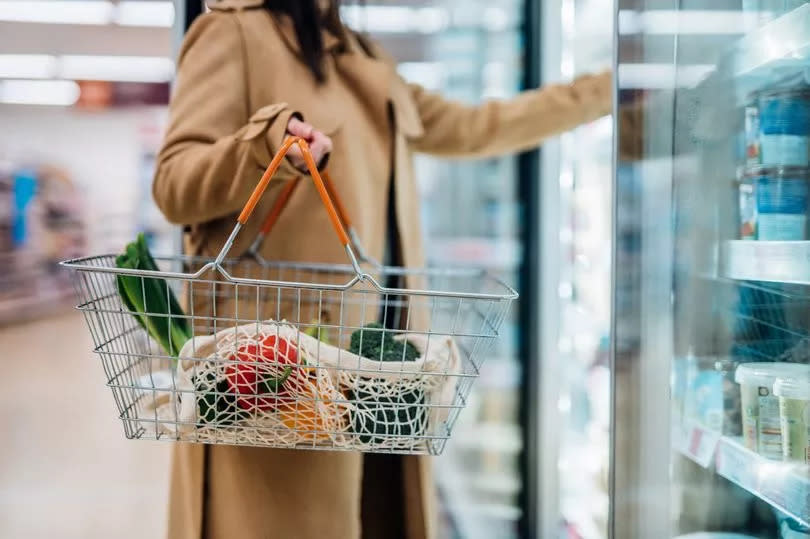 An image of a woman with a basket of groceries