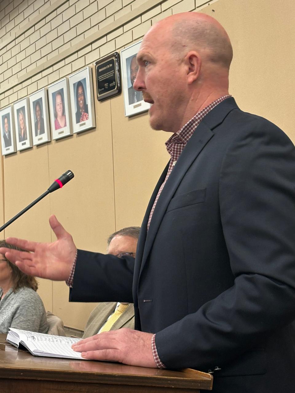 Springfield Education Association President Aaron Graves speaks at District 186 Board of Education meeting on March 5, 2024.