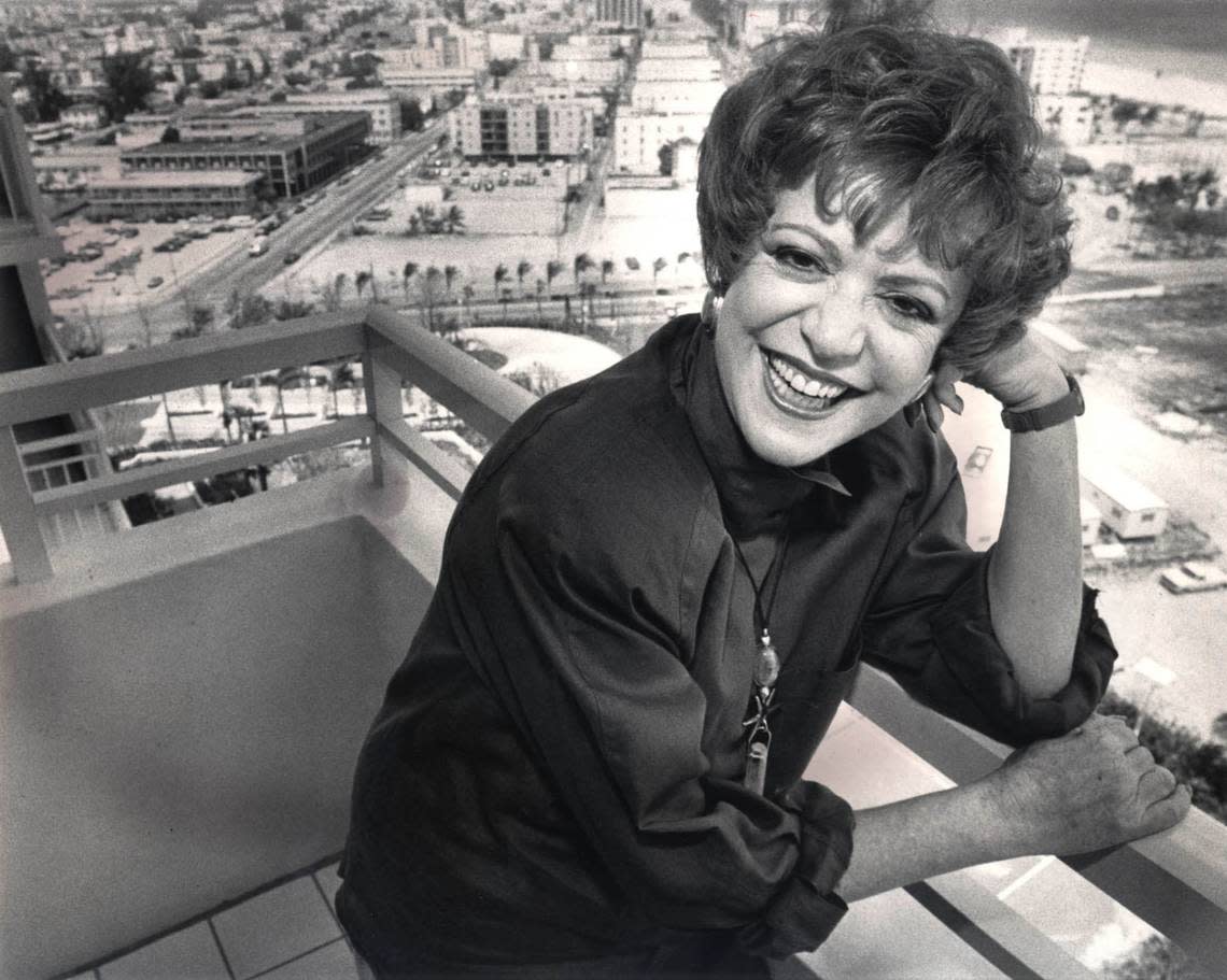 Hope Pomerance on the terrace of her South Pointe Towers condo overlooking South Beach in 1988.