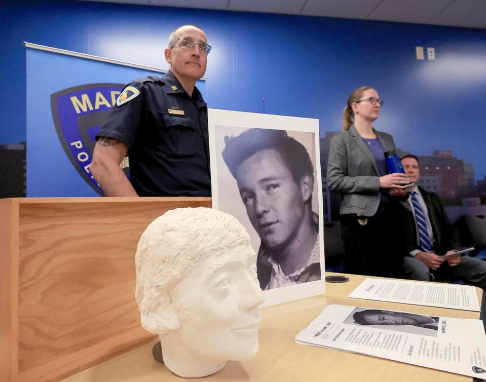 Madison Police Department Mid Town District Capt. Jason Freedman and Det. Lindsey Ludden announce the identification of Ronnie Joe Kirk of Tulsa, Okla. as the person whose remains were discovered in a chimney of a former music store in the city In 1989. (Wisconsin State Journal)