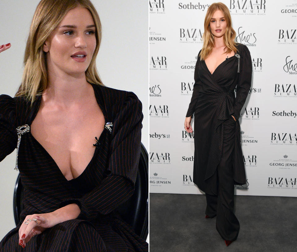 <p>Hot or Not? Model Rosie Huntington-Whiteley erschien zum „Bazaar At Work“-Event in London diese Woche in einem ausgefallenen Look des italienischen Geheimtipp-Labels Attico, an dem sich die Geister schieden. Denn das Ensemble aus Wickelkleid und Marlenehose in Nadelstreifen-Optik bestand aus Unmengen an Stoff, die Rosies zarter Figur stellenweise nicht wirklich schmeichelten, ließen den Dekolleté-Bereich aber so unbedeckt, dass es nahezu unmöglich war, den Blick davon zu lösen. Was meint ihr: Hat Rosie den Spagat zwischen Avantgarde-Look und Red-Carpet-Hingucker geschafft oder war das Outfit eine eher unglückliche Wahl? (16. November 2017, Bilder: Getty Images) </p>