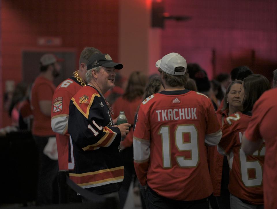 Florida Panthers fans are photographed as they await play to continue at the Amerant Bank Arena watch party for Game 6 (June 21, 2024).