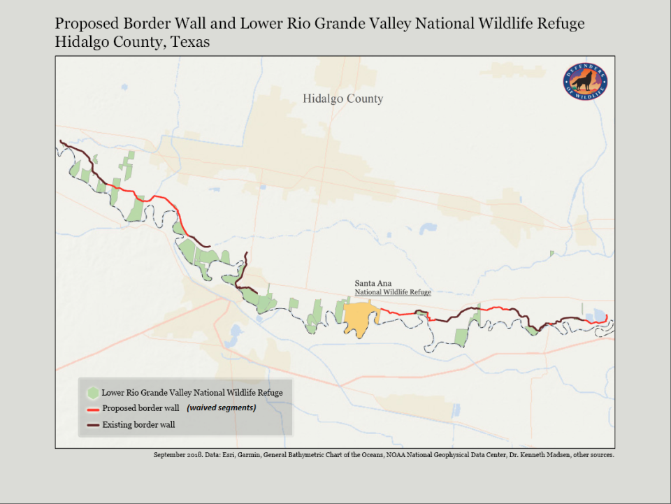 Defenders of Wildlife created a map of the proposed border wall in the Lower Rio Grande Valley. Rebecca Bullis, a spokeswoman for the organization, said, “These waivers would effectively sever essential habitat from the United States, causing extensive damage to the wildlife corridor along the river.” (Photo: Defenders of Wildlife)