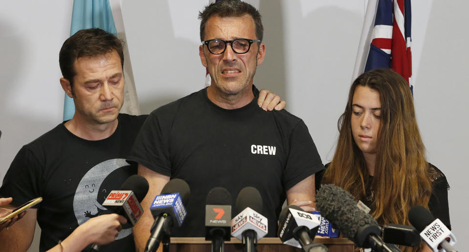 Theo's father Laurent speaks to the media in June 2019 with Theo's godfather, Jean-Philippe Pector, and cousin, Lisa Hayez.