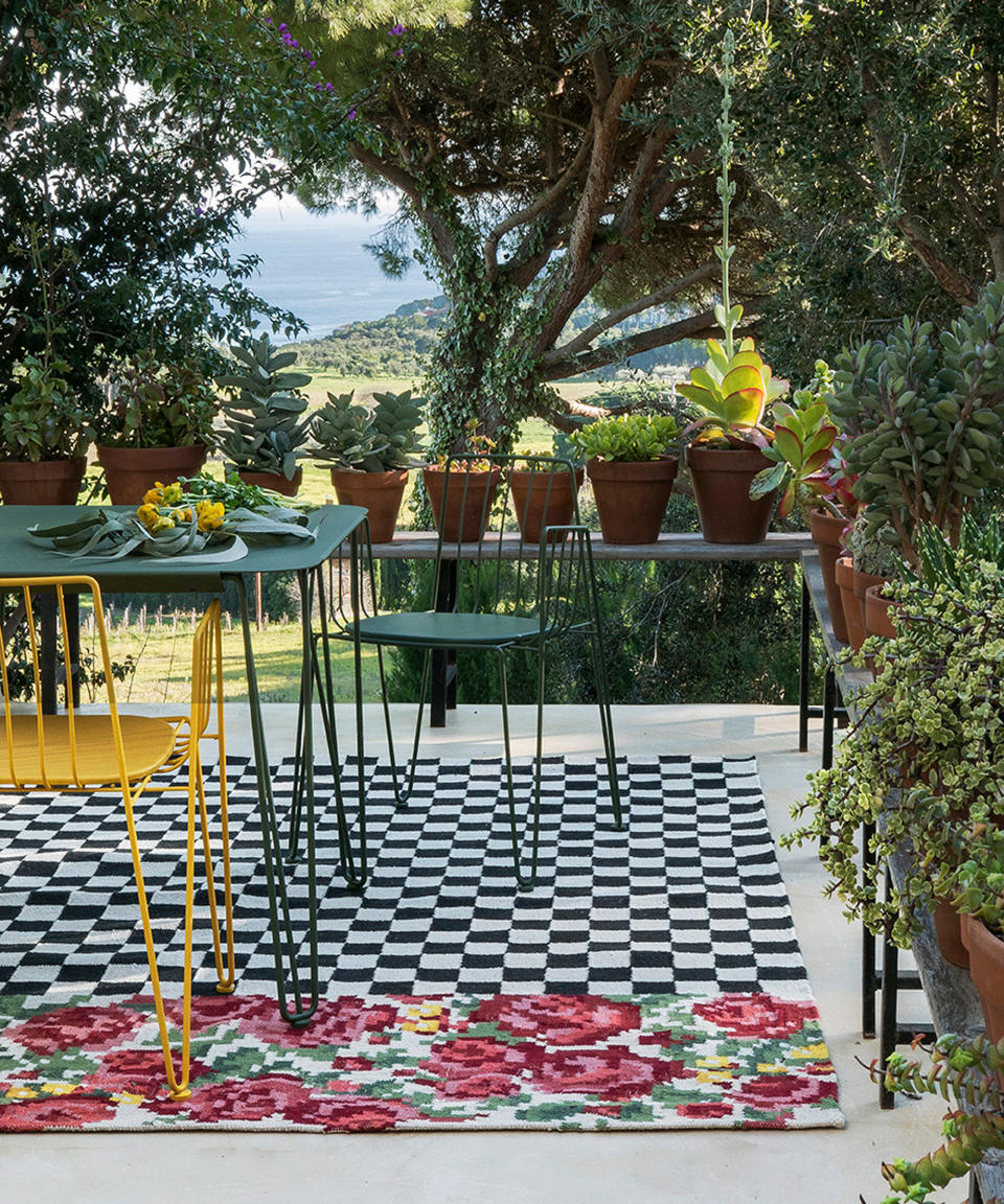 <p> For courtyard gardens, roof gardens, terraces, yards or other outdoor areas, a rug is a useful way to define a zone and create a purposeful area. Go for an outdoor rug that has the design and feel of its indoor cousins but is water and weatherproof.&#xA0; </p> <p> &#x2018;I like to design rugs that are visually amazing, that people will enjoy,&#x2019; says Nani Marquina of nanimarquina. </p> <p> Choose materials that are weather resistant such as recycled PET fiber that gives a second lease of life to plastic bottles, guaranteeing the traceability and certification of the materials and the manufacturing processes. </p>