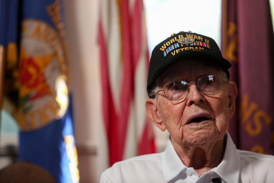 Bill Keegan, 99, accounts his experience from serving as a medic in the 78th Medical Battalion during the European conflict in World War II, Tuesday, Oct. 17, 2023, in the historic Vero Beach Train Station. The Indian River County Historical Society is working alongside former mayor and retired Army Col. Tony Young on the video project portraying the stories of four local World War II veterans and their families and will be part of a collection for the Society's mini historical video series.