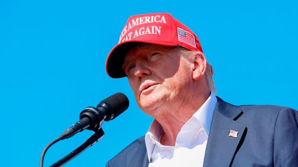 PHOTO: Republican presidential candidate, former U.S. President Donald Trump speaks during a rally at Greenbrier Farms, on June 28, 2024, in Chesapeake, Virginia.  (Anna Moneymaker/Getty Images)