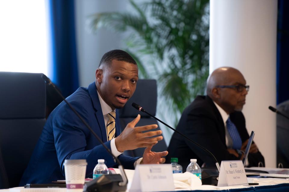 Student trustee Shaun A. Wimberly Jr. speaks during the quarterly board of trustees meeting at Tennessee State University in Nashville, Tenn., on Thursday, March 14, 2024.