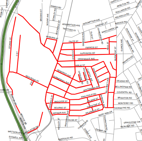 The streets in red are targeted for mosquito spraying.