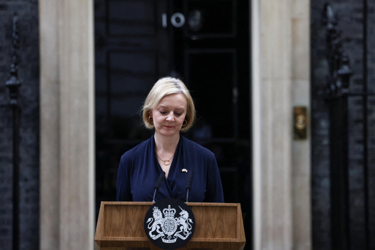 British Prime Minister Liz Truss announces her resignation outside No. 10 Downing St. in London.