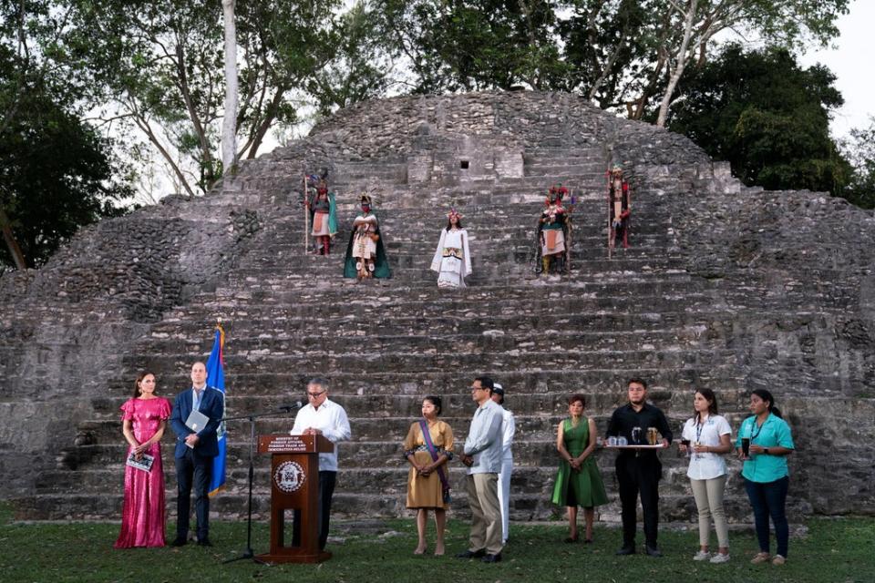 Prince William and Catherine, Duchess of Cambridge listen as Belize's Prime Minister Johnny Briceno delivers a speech, during a special reception in celebration of the Queen's Platinum Jubilee, hosted by the Governor General of Belize Froyla Tzalam, on the third day of their tour of the Caribbean, at the Mayan ruins at Cahal Pech, Belize (REUTERS)