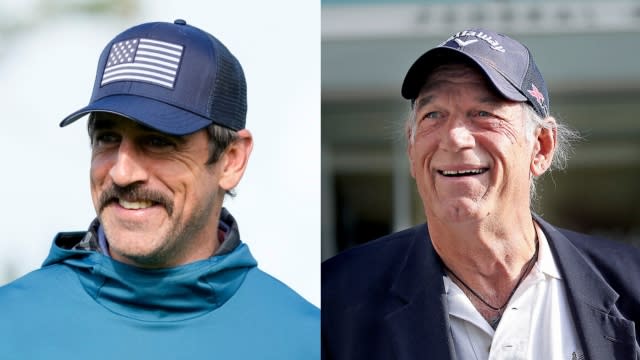 Aaron Rodgers next to a photo of Jesse Ventura