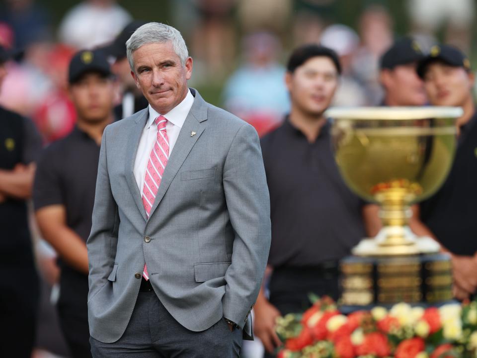 Jay Monahan, Commissioner of the PGA Tour, looks on during the closing ceremony after a match