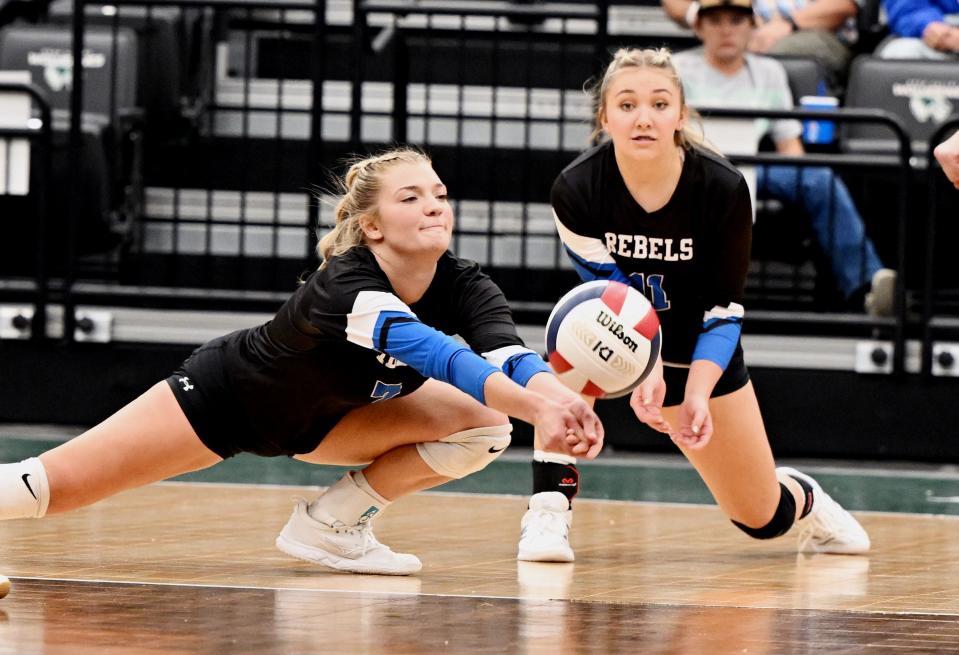 Rich’s Aeva Ellsworth dives after the ball on a serve as teammate Kassi Argyle backs her up as they and Panguitch play for the 1A Volleyball championship at UVU on Saturday, Oct. 28, 2023. | Scott G Winterton, Deseret News