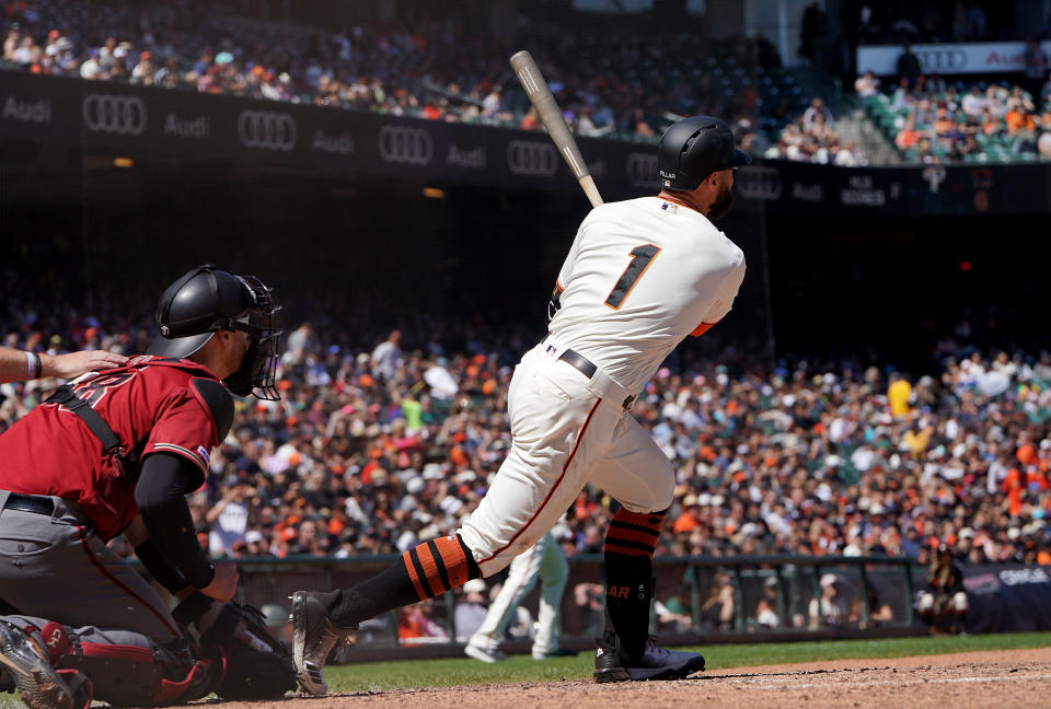 SAN FRANCISCO, CA - JUNE 30:  Kevin Pillar #1 of the San Francisco Giants bats against the Arizona Diamondbacks in the bottom of the seventh inning at Oracle Park on June 30, 2019 in San Francisco, California.  (Photo by Thearon W. Henderson/Getty Images)