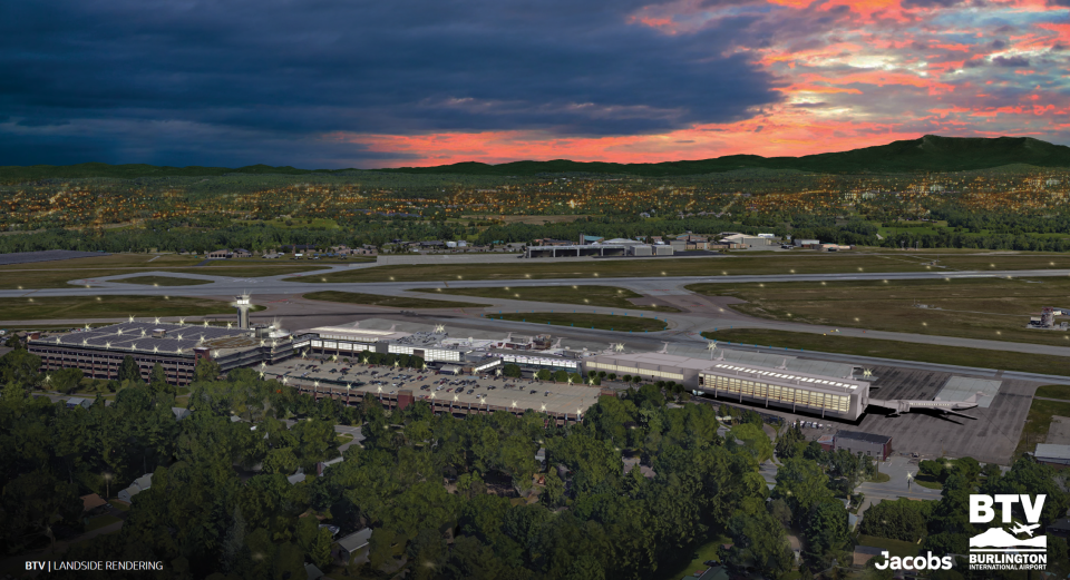 Another view, rendered by an artist, of the terminal at Patrick Leahy Burlington International Airport after planned renovations are completed.