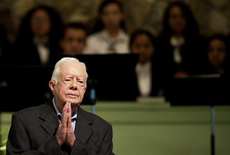 Former President Jimmy Carter teaches Sunday School class at the Maranatha Baptist Church in his hometown on Aug. 23, 2015, in Plains, Ga. (AP Photo/David Goldman, File)