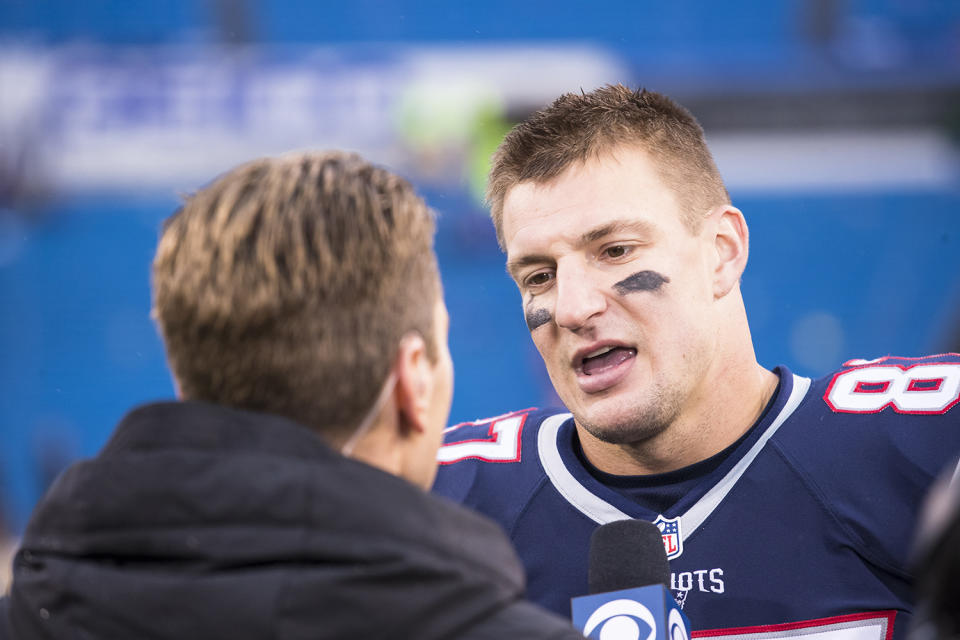 <p>If <em>Celebrity Big Brother</em> starts after the football season ends, which is more than likely, then perhaps “Gronk” can treat the show as his winter break — free food and alcohol on delivery? Perfect. Also, he’s appeared on the show before (<a rel="nofollow noopener" href="https://www.youtube.com/watch?v=3Cv5hrZMoJk" target="_blank" data-ylk="slk:via video link;elm:context_link;itc:0;sec:content-canvas" class="link ">via video link</a>) and clearly loves the limelight. Although, imagine if he suffers an injury playing OTEV and then has to explain that back in training. “Yeah, I twisted my ankle running up a ramp to feed a giant Singing Broadway Clam.”<br><br>(Photo by Brett Carlsen/Getty Images) </p>