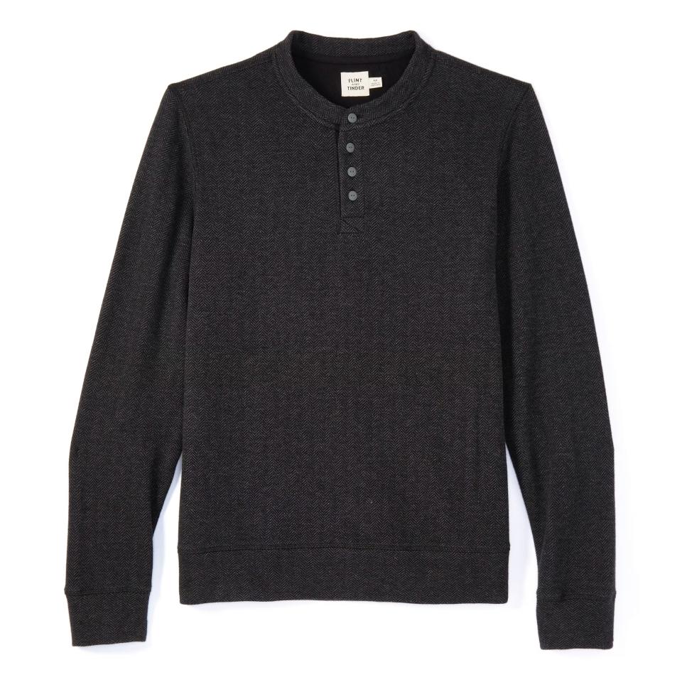 Flint and Tinder Herringbone Jacquard Henley in black; best henley shirts