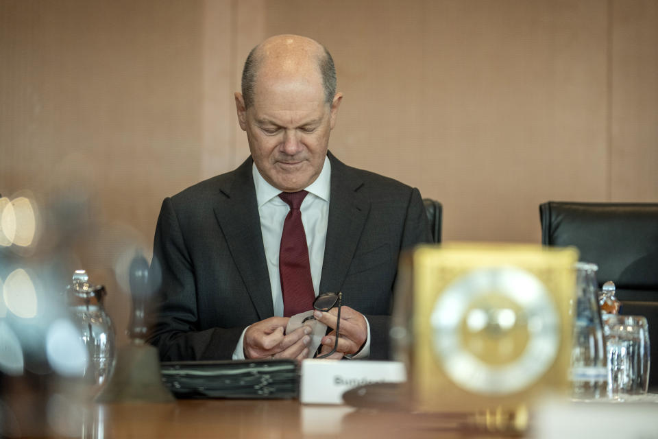 German Chancellor Olaf Scholz attends a cabinet meeting at the chancellery in Berlin, Germany, Wednesday, Jan. 17, 2024. (AP Photo/Ebrahim Noroozi)