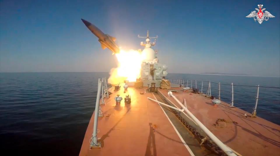 In this photo made from video provided by the Russian Defense Ministry Press Service on Tuesday, March 28, 2023, a Russian navy boat launches an anti-ship missile test in the Peter The Great Gulf in the Sea of Japan. Russia's Defense Ministry says Moscow has test-fired anti-ship missiles in the Sea of Japan. The ministry said Tuesday that a few boats launched a simulated missile attack on a mock enemy warship about 60 miles away.