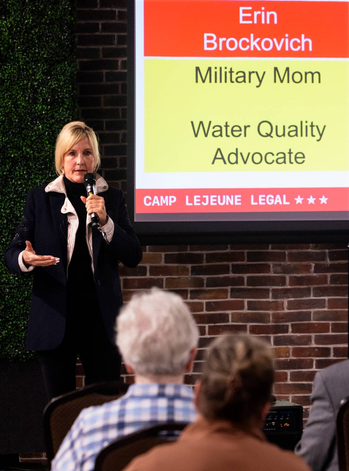 Erin Brockovich (left) joined other advocates with Camp LeJeune Legal for the first in a series of town halls in cities across America in Raleigh, Nov. 4, 2022.