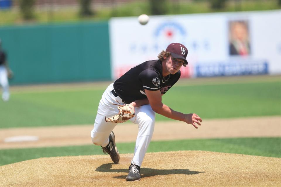 Wes-Del baseball's Travis Bunch pitching in the team's IHSAA Class 1A semistate semifinal game against Lafayette Central Catholic at Loeb Stadium on Saturday, June 10, 2023.