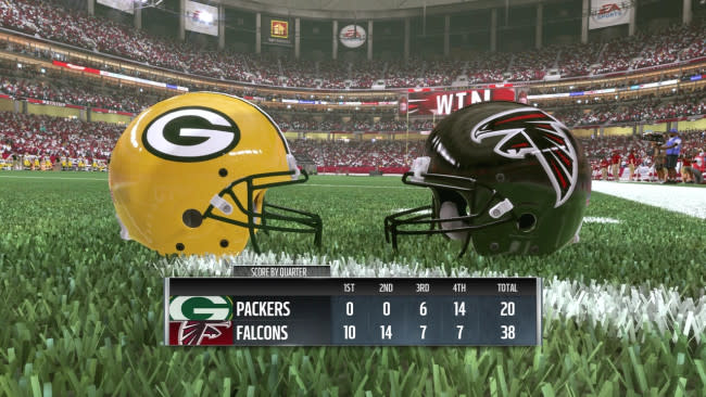 Pantallazo de la simulación de Madden 17 del NFC Championship entre Packers y Falcons.