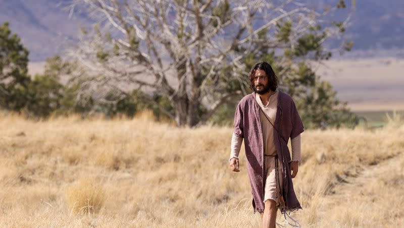 Jonathan Roumie, who plays Jesus, walks toward trailers during filming of a faith-based streaming series on the life of Jesus Christ called “The Chosen” at Jerusalem film set in Goshen, Utah County, on Monday, Oct. 19, 2020.