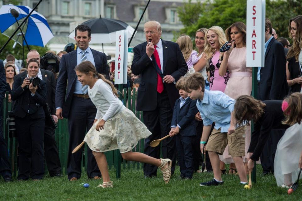 Donald Trump, Melania Trump, and Barron Trump at an Easter Egg Roll